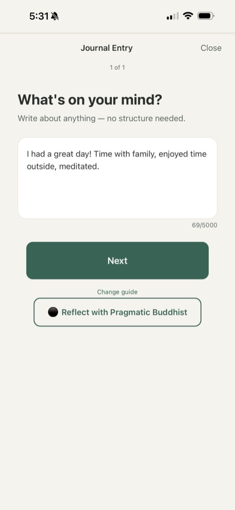 Journal entry — free-form writing with guide reflection